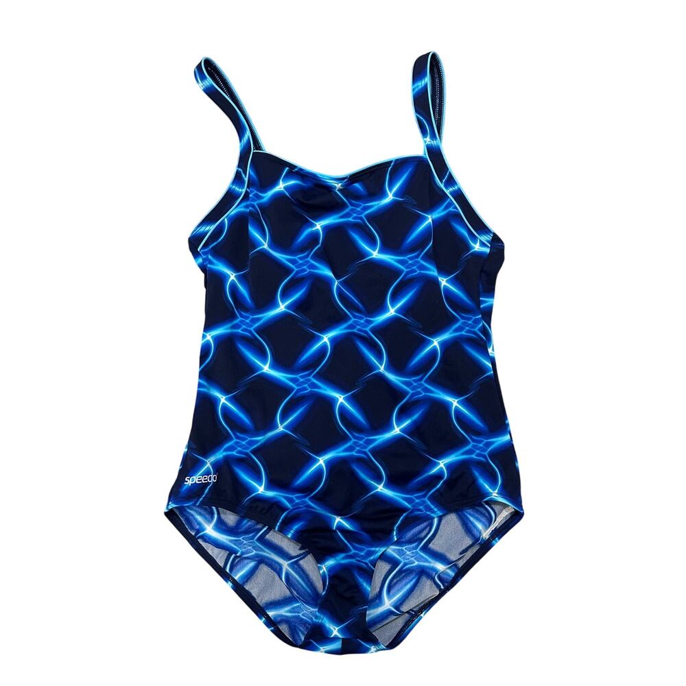 Speedo 16 Endurance+ Swimsuit 1-PC Blue Solar Flare Warped Print Racerback 16